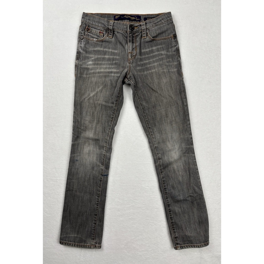 Ed Hardy Kids Boot Cut Jeans Size 8 Gray Bulldog Patch Y2K